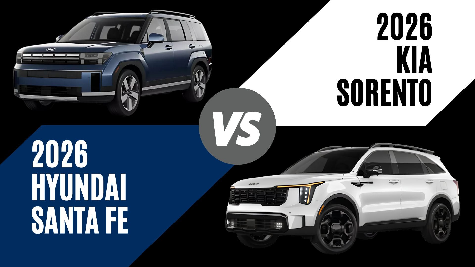 2026 Hyundai Santa Fe and 2026 Kia Sorento midsize three-row SUVs compared side by side for Fayetteville, Arkansas drivers