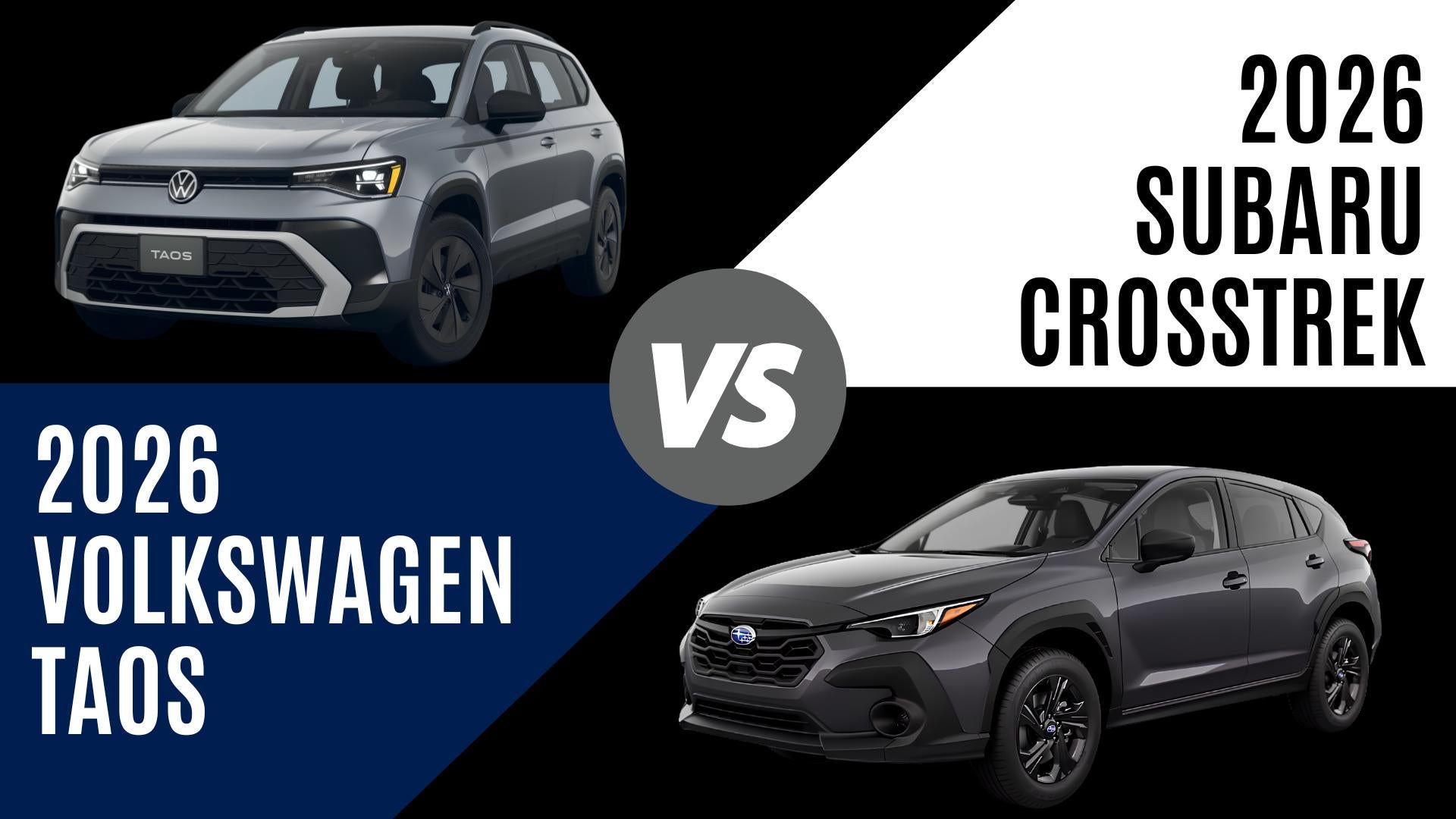 2026 Volkswagen Taos and Subaru Crosstrek comparison highlighting AWD capability, cargo space, and SUV technology in Fayetteville, Arkansas
