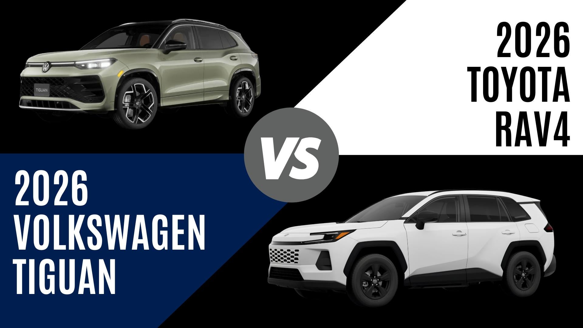 2026 Volkswagen Tiguan and Toyota RAV4 comparison highlighting hybrid efficiency, AWD capability, and SUV technology in Fayetteville, Arkansas