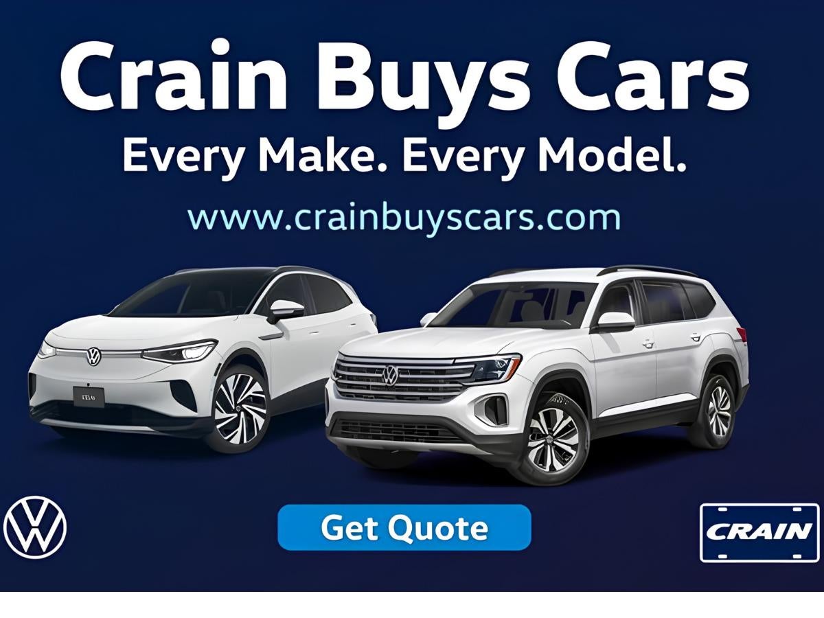Crain Buys Cars promotional graphic with Volkswagen vehicles