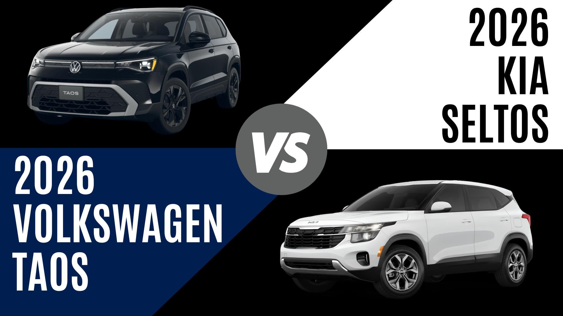2026 Volkswagen Taos and Kia Seltos compared for technology, cargo space, fuel economy, and AWD capability in Fayetteville Arkansas