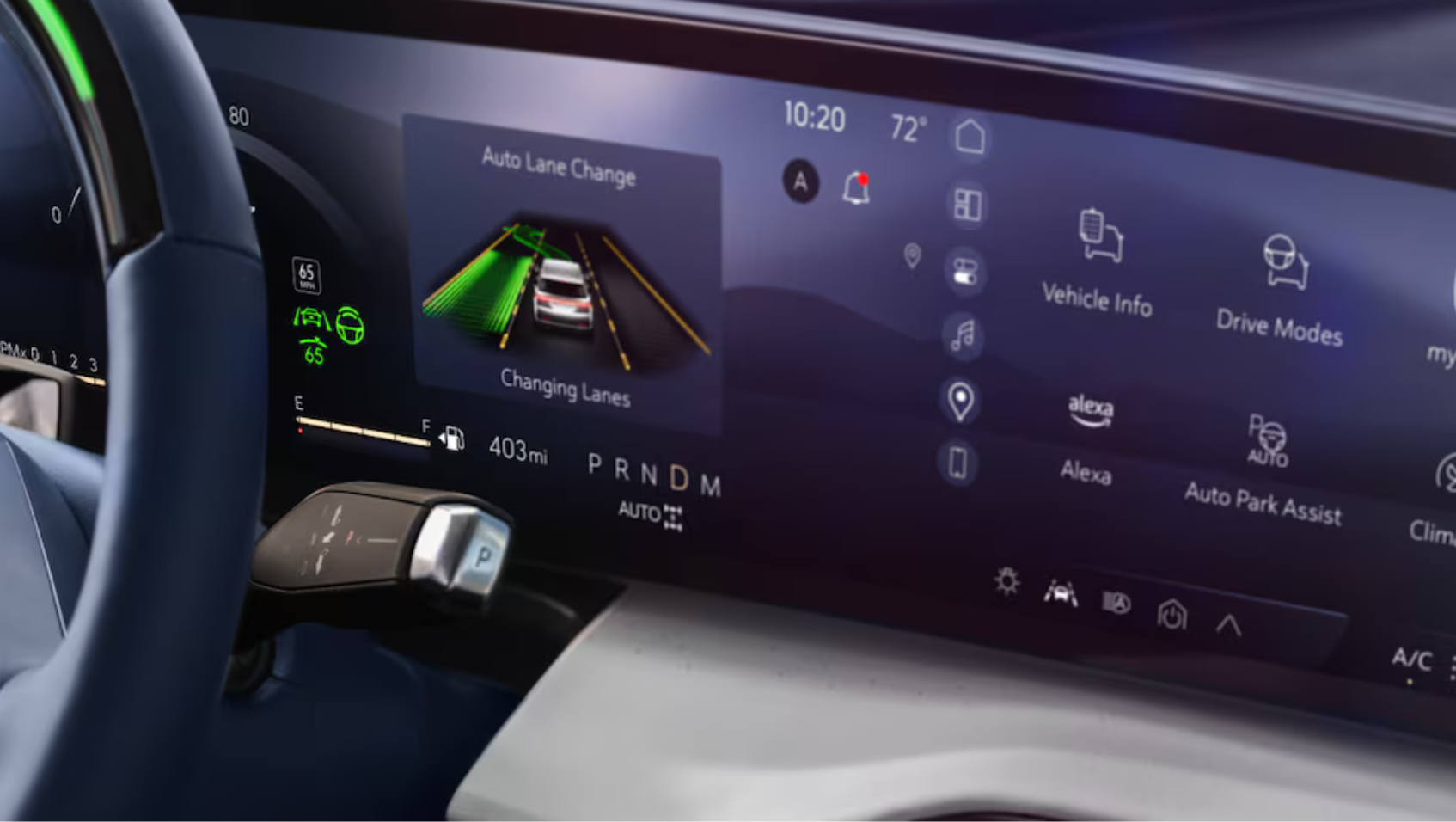 Close-up of 2025 Buick Enclave digital dashboard showing Super Cruise interface with Auto Lane Change in progress