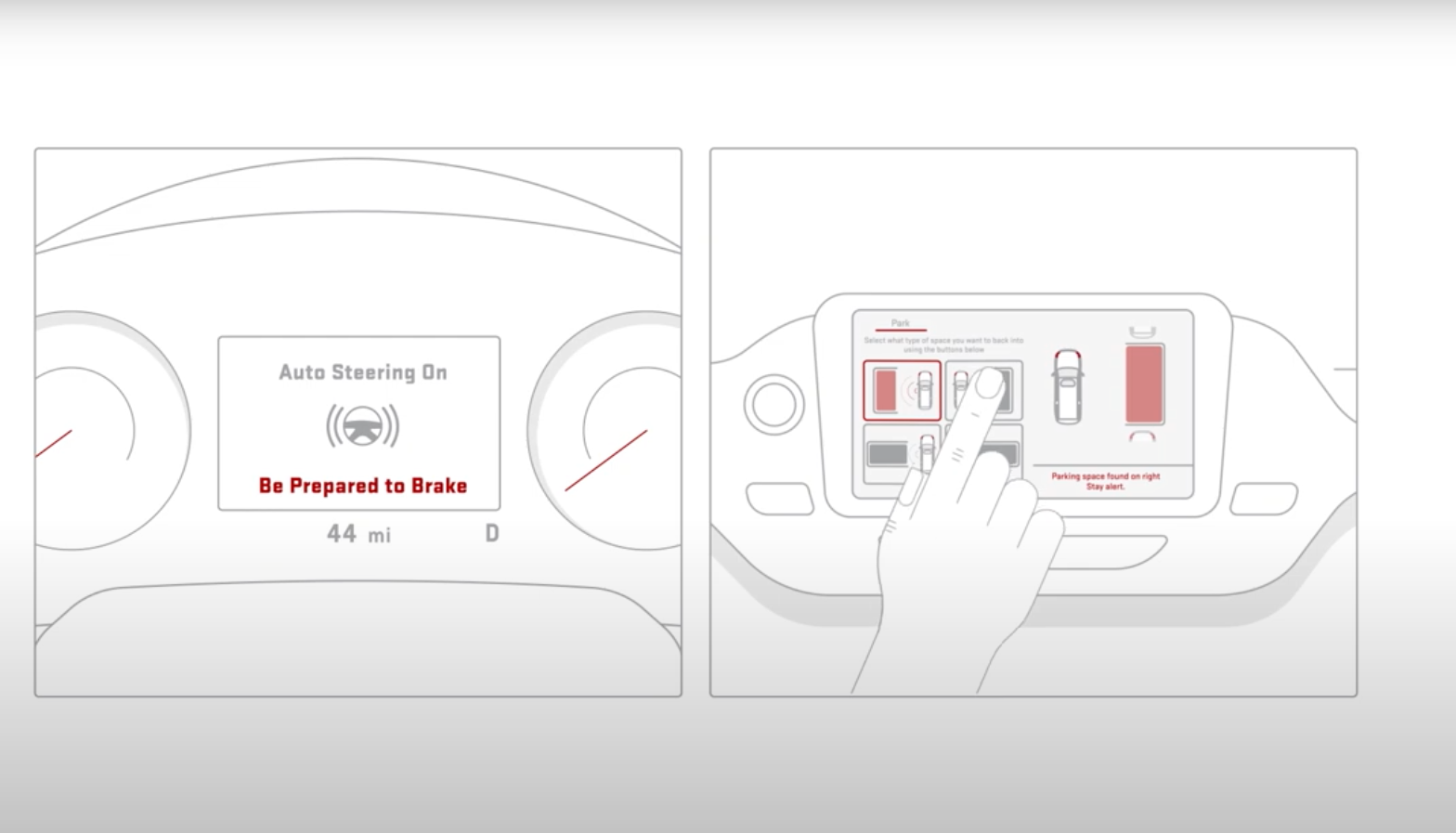 Illustration of a Buick or GMC dashboard and touchscreen showing Automatic Parking Assist activation and steering guidance