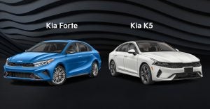 Blue 2024 Kia Forte and White 2024 Kia K5 with a black background