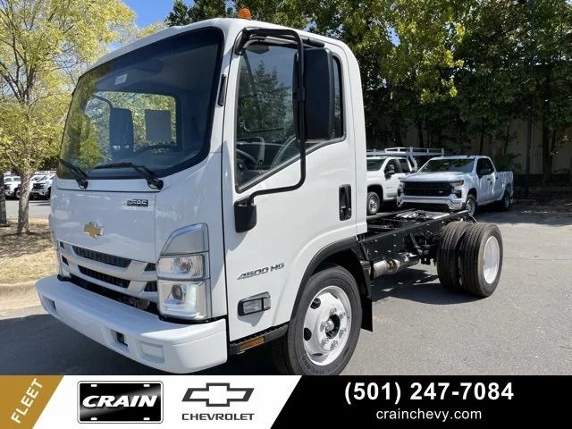 White 2025 Chevrolet Low Cab Forward 4500 commercial truck parked outside Crain Chevrolet in Little Rock, AR
