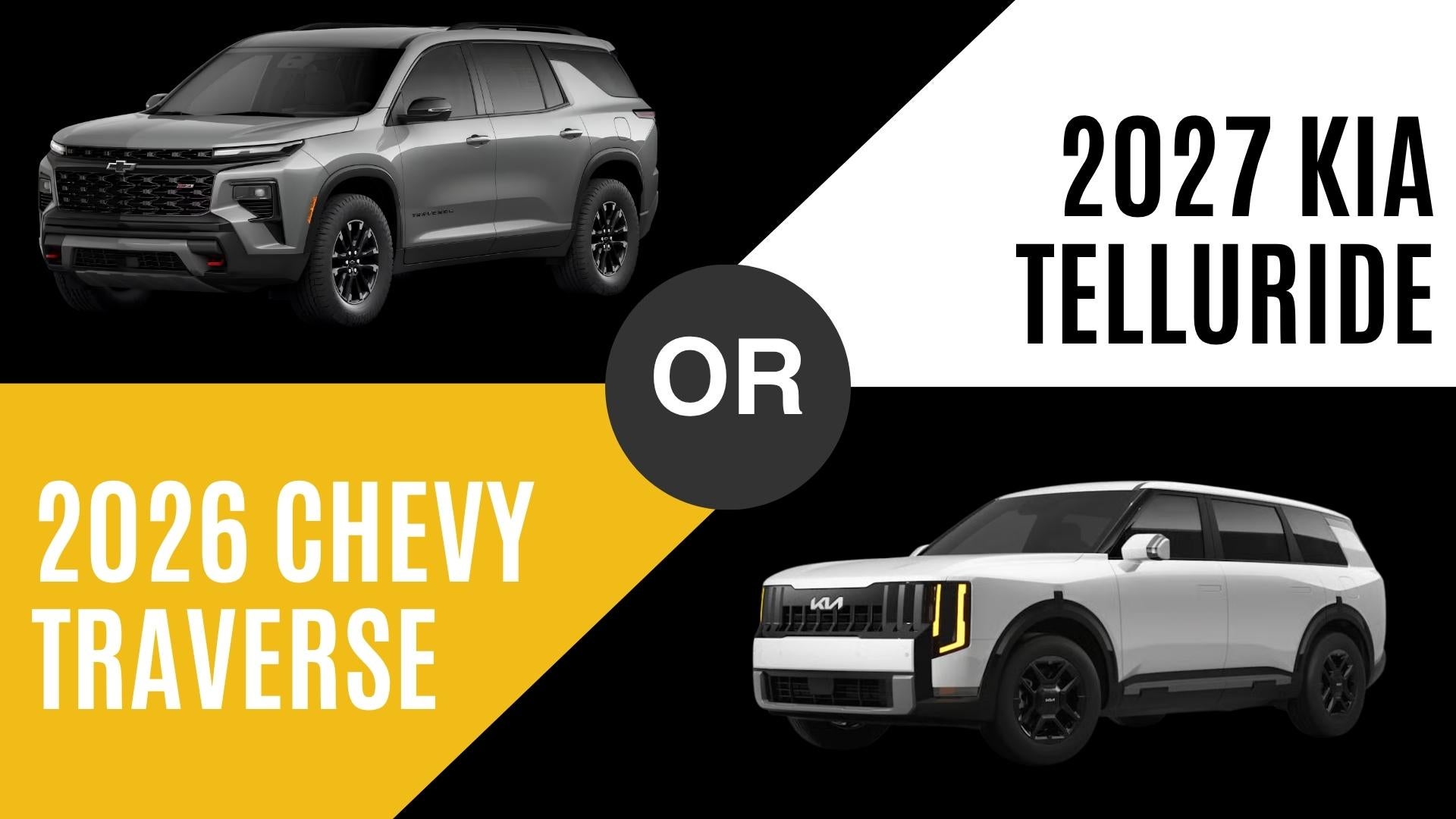 2026 Chevrolet Traverse and 2027 Kia Telluride three-row SUVs compared for family space, technology, and capability in Little Rock, AR