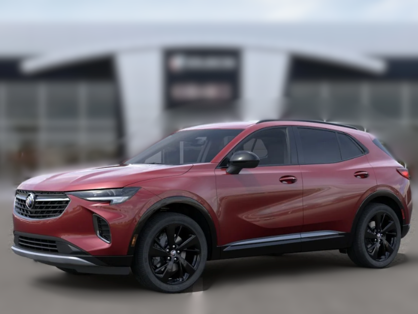 Red 2023 Buick Envision Essence SUV parked in front of Crain Buick GMC in Conway, Arkansas