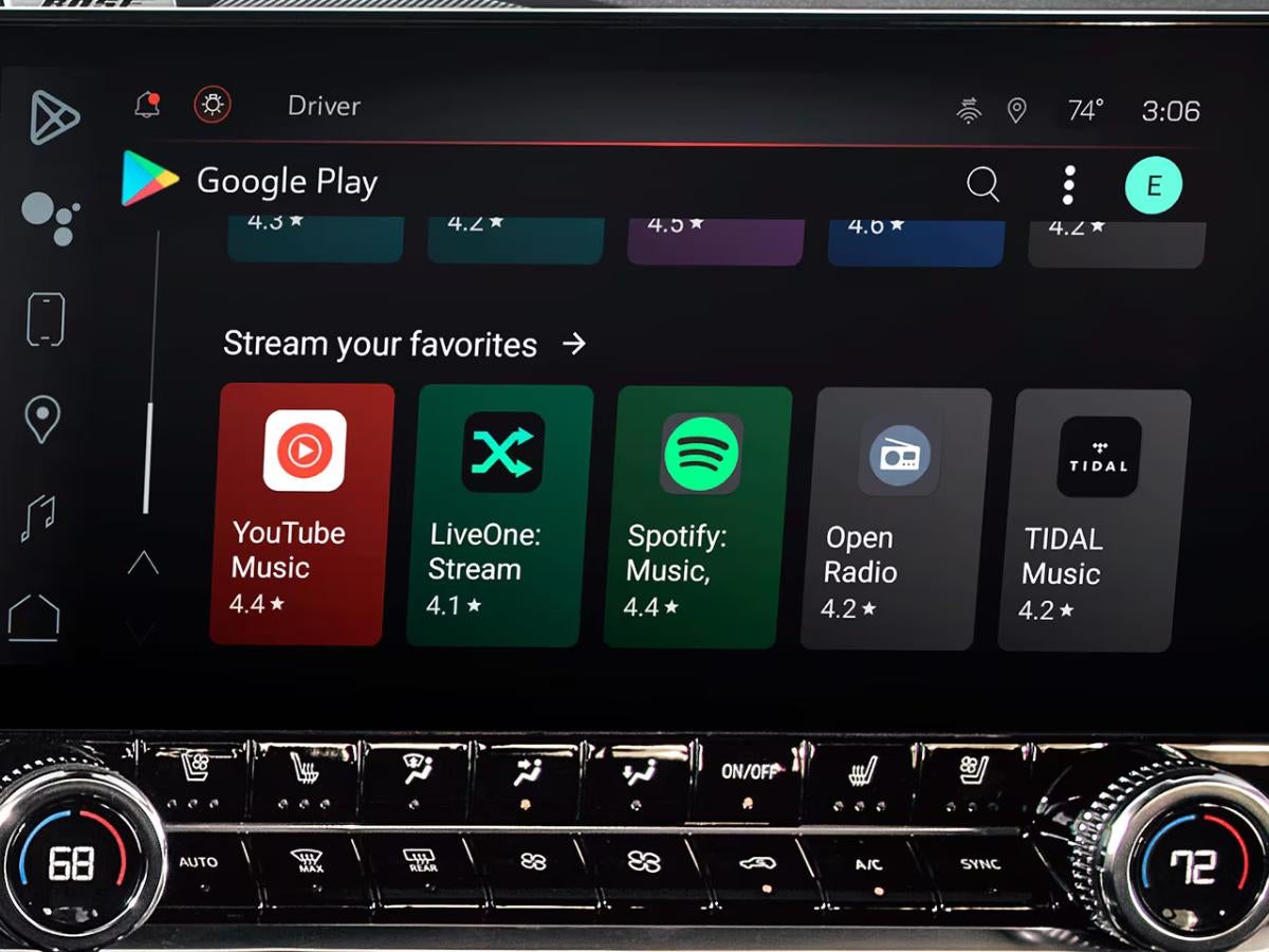 Google Play apps displayed on a GMC infotainment screen at Crain Buick GMC of Conway, showing music and streaming options available through Google Built-In.