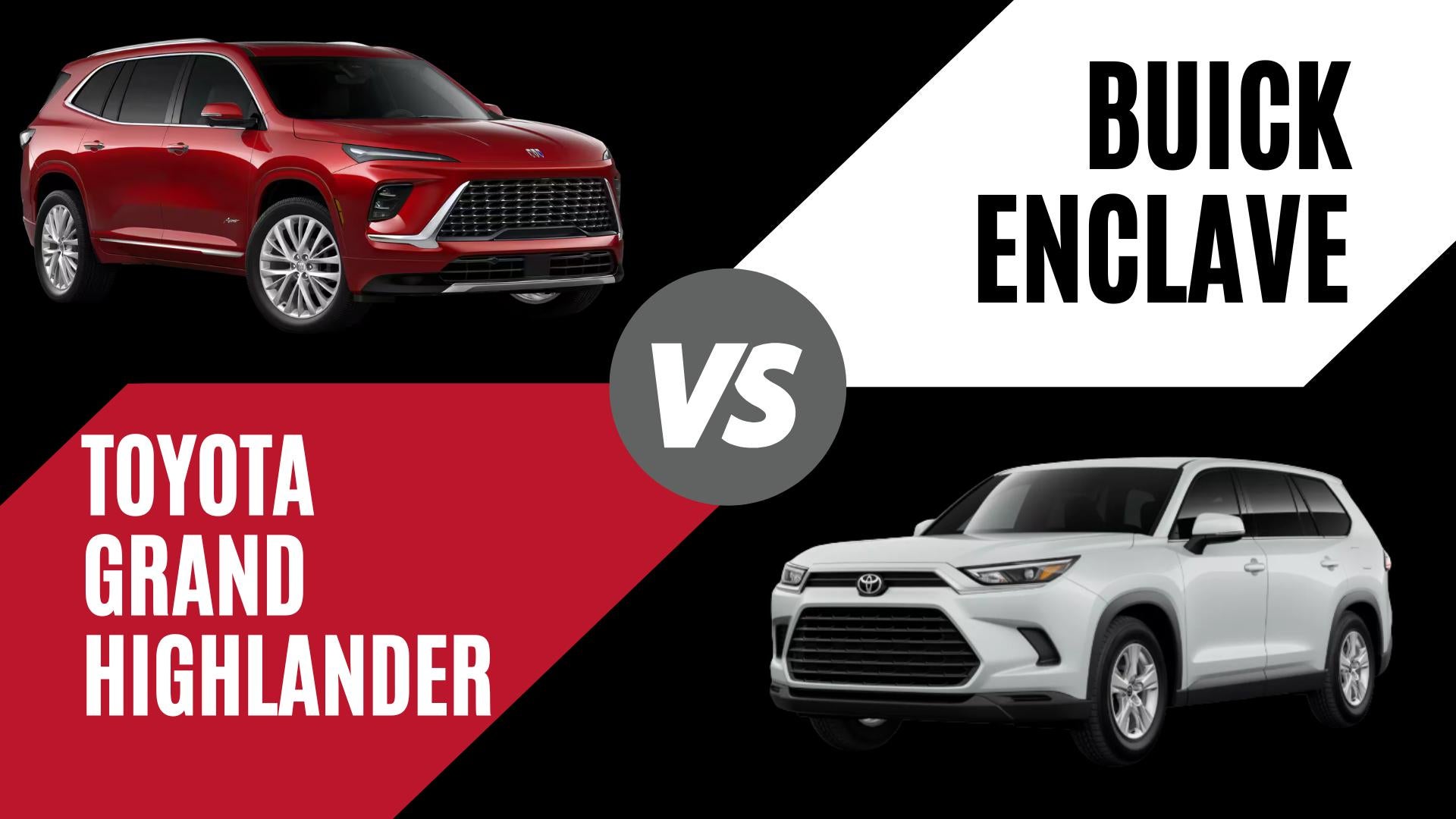 A comparison graphic of a red 2026 Buick Enclave and a white 2026 Toyota Grand Highlander with a VS logo for Crain Buick GMC of Conway.