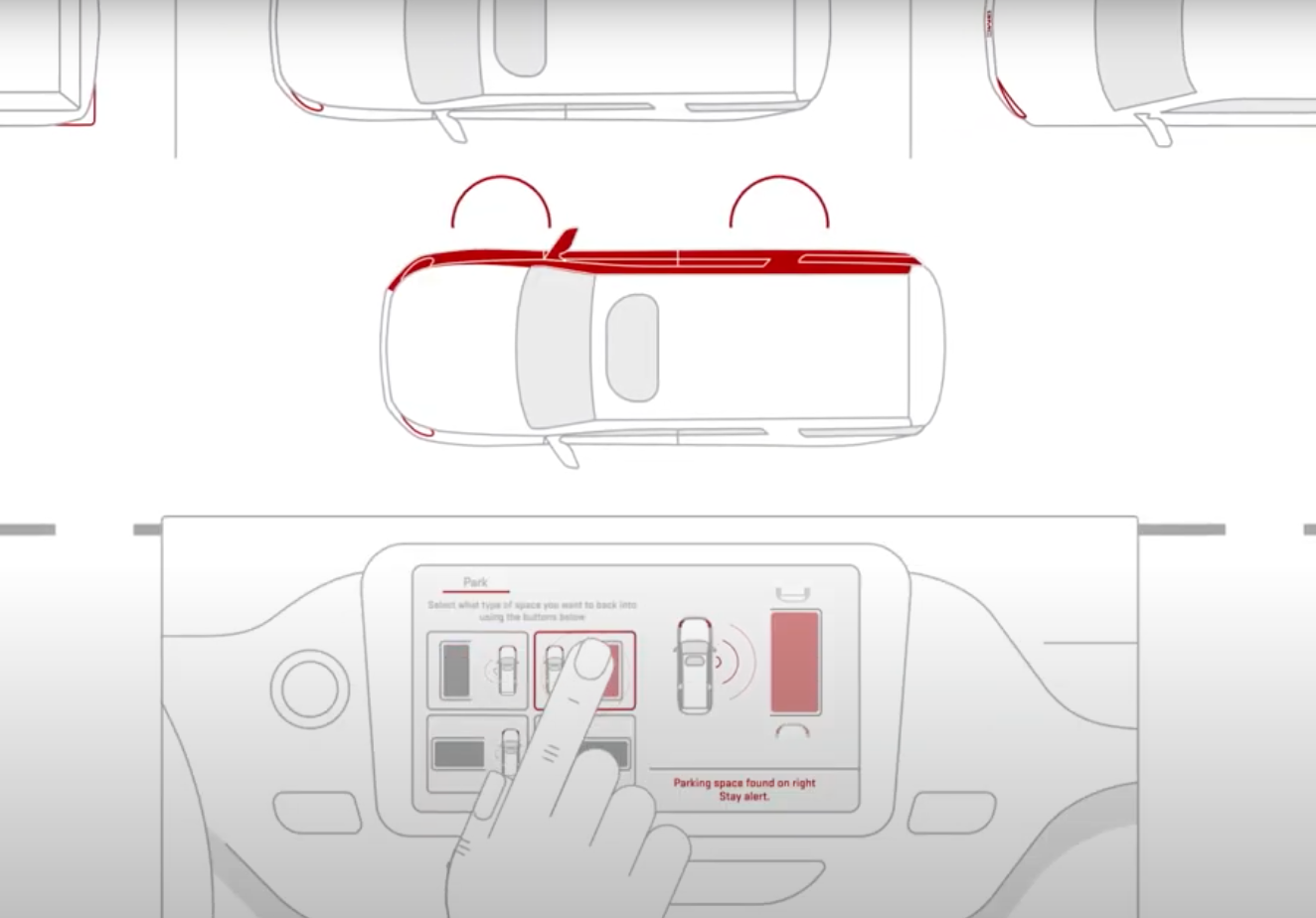 Illustration showing how Buick and GMC’s Automatic Parking Assist helps a vehicle back into a parking spot using touch-screen controls
