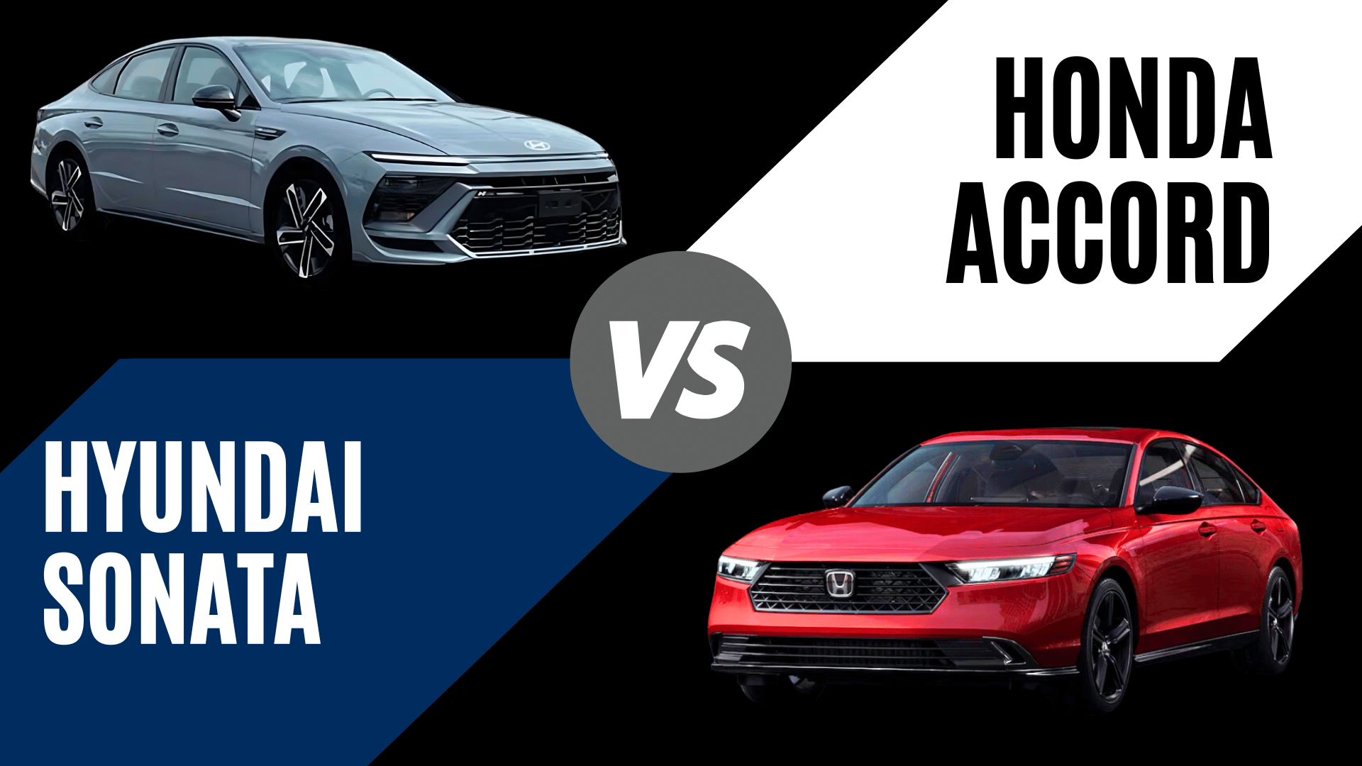 Comparison graphic of a blue 2025 Hyundai Sonata vs. a red 2025 Honda Accord with bold labels for each vehicle.