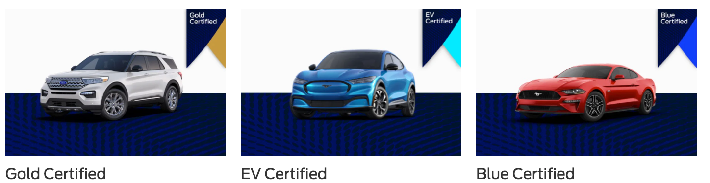 Three Ford Certified Pre-Owned vehicles labeled Gold Certified, EV Certified, and Blue Certified, showcasing different certification tiers