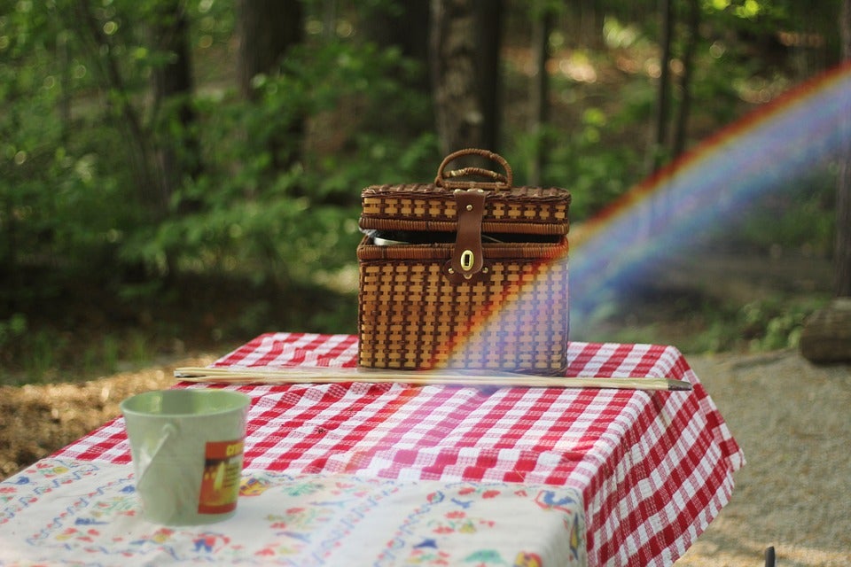 A picnic table in a park covered with a red and white table cloth and a basked on top. | Things to do in Jacksonville, AR | Crain Ford of Jacksonville, AR