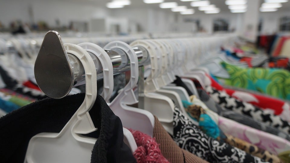 A rack of clothes inside a thrift store. Thrift stores around Conway, AR.