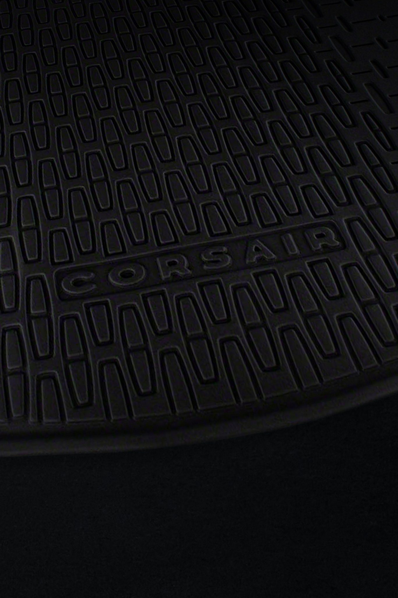 Black rubber Lincoln Corsair cargo mat with the Corsair name close up