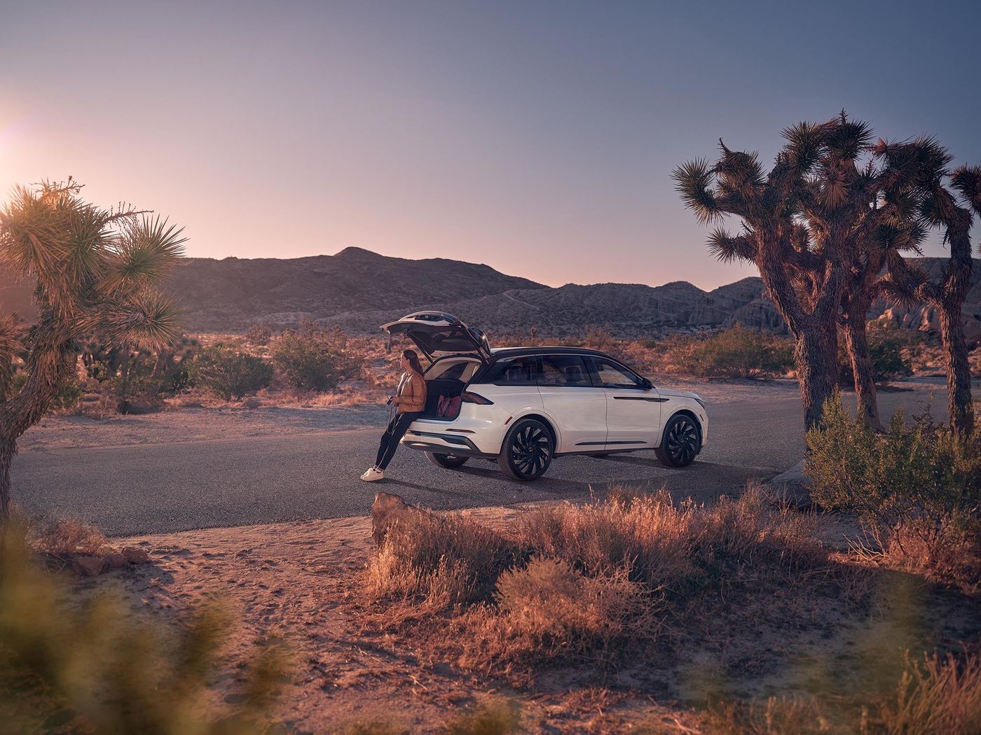 White Lincoln Nautilus parked in the desert at sunset with the liftgate open