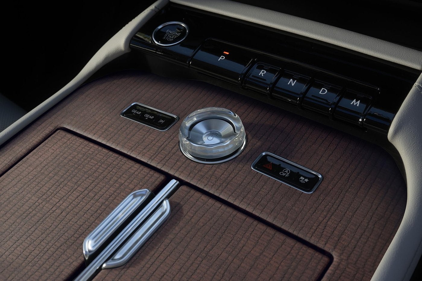 Lincoln Navigator center console with the gear selector and wood trim