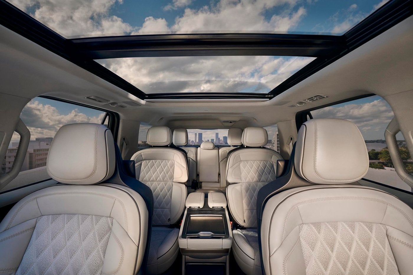 Second row seats under the panoramic roof of a Lincoln Navigator in St. Peters MO