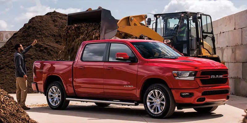 red 2021 ram 1500 front angle view