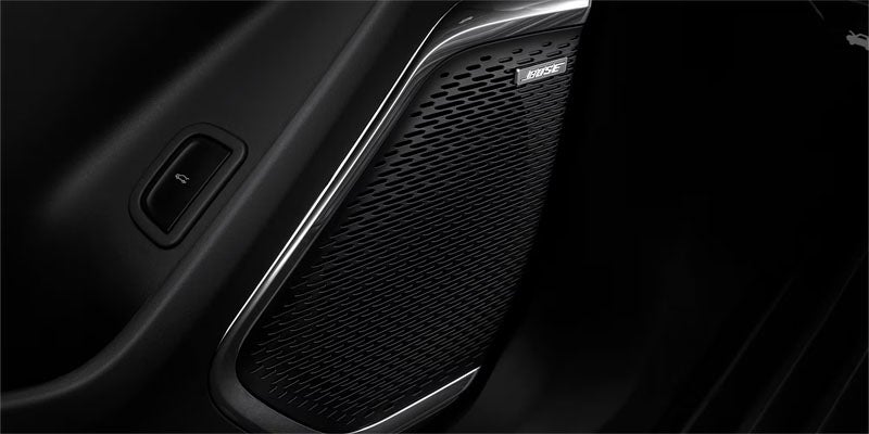 Close-up of a car's black interior, showing a Bose speaker grille and a trunk release button.