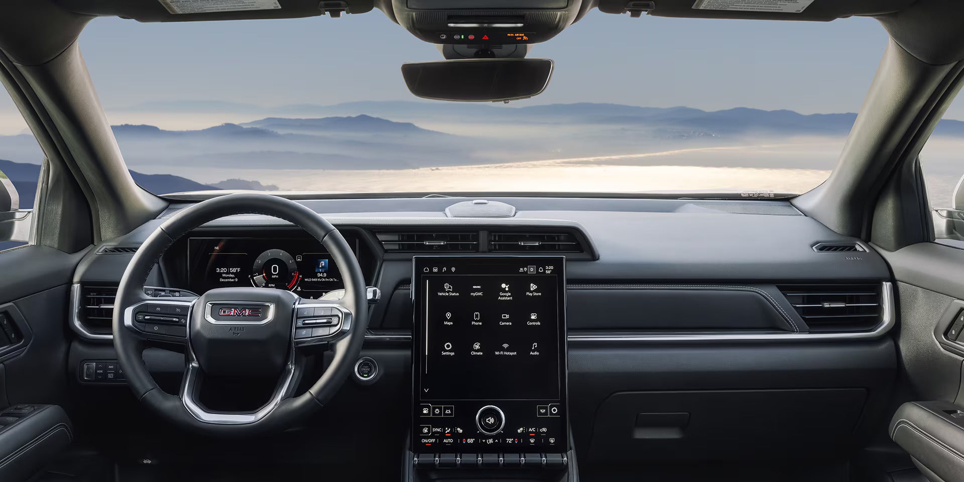 Interior of the 2026 GMC Terrain showcasing the tech in the cockpit and dashboard.