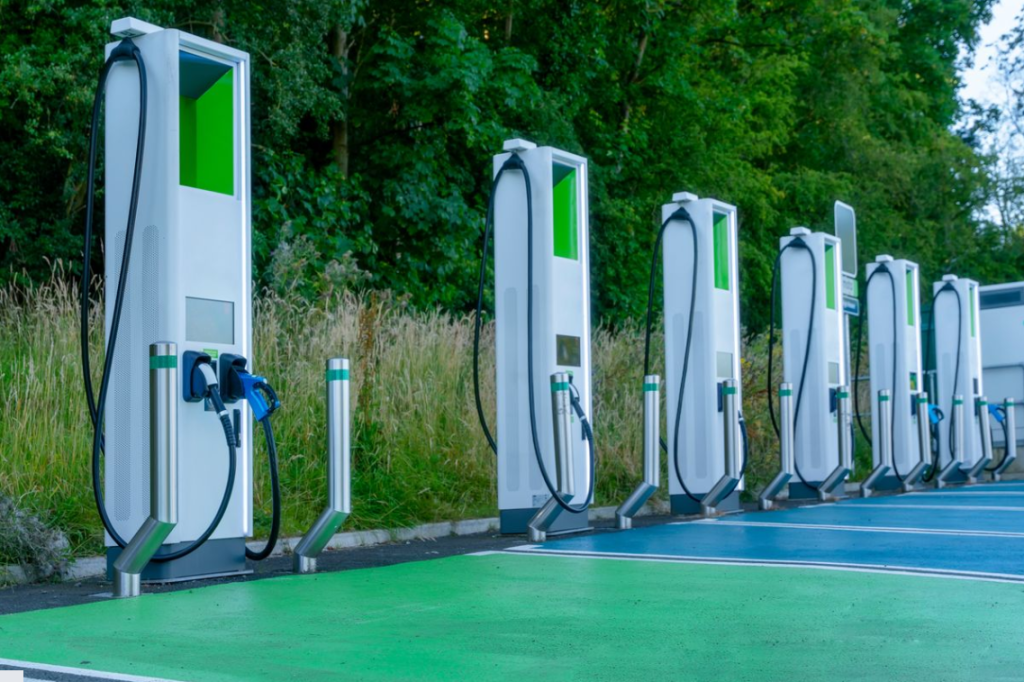 A photo of several car charging stations.
