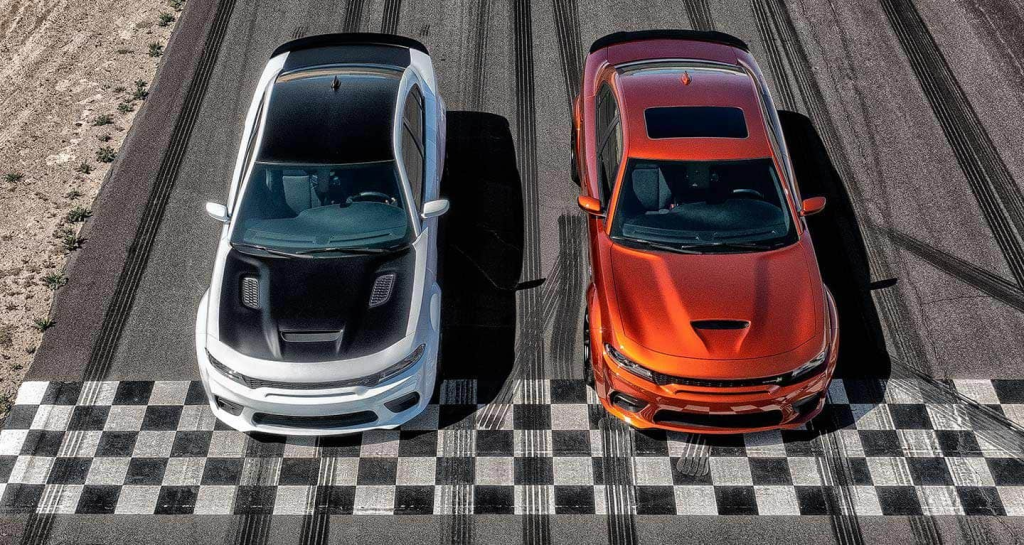 Two Dodge Charger Hellcat Widebodies at Drag Strip Starting Line