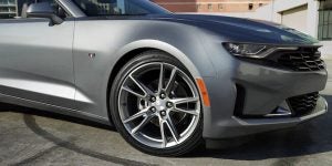 Silver Chevrolet Camaro close up.