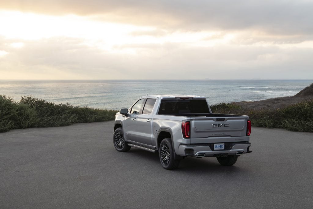 The GMC Sierra Denali Ultimate parked on the California coast near San Diego, finished in Quicksilver Metallic.