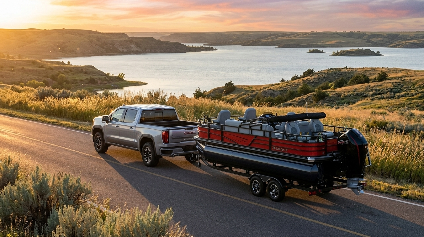 2026 GMC Sierra 1500 towing a boat at Lake Oahe in South Dakota at sunrise