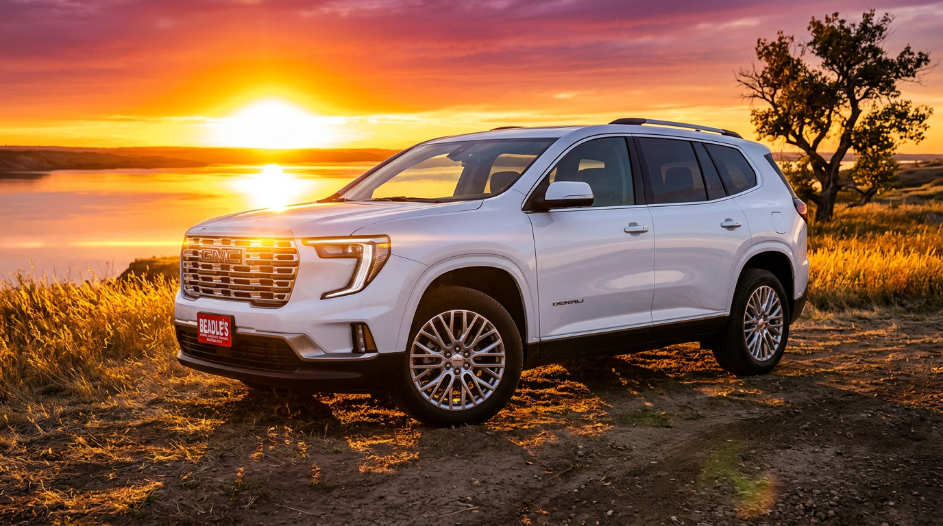 2026 GMC Acadia exterior colors: Denali in Glacier White Tricoat at Lake Oahe in Mobridge, South Dakota