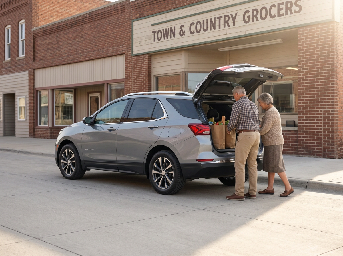 An older couple loading groceries into a 2027 Chevrolet Equinox on a small-town main street in Mobridge, South Dakota