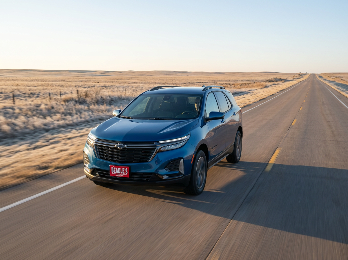 Real-World Fuel Costs: 2027 Chevrolet Equinox cruising the highway on a frosty winter morning near Mobridge, South Dakota