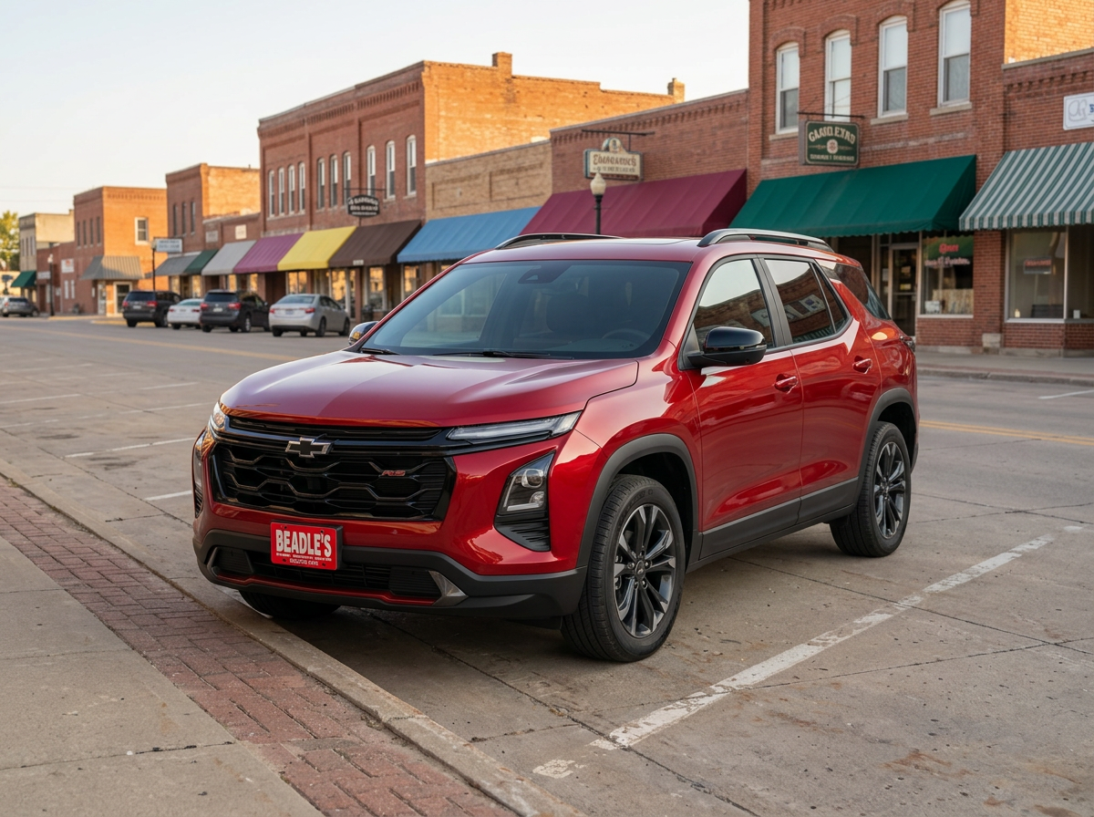 2027 Chevrolet Equinox in Radiant Red Tintcoat on Main Street in Mobridge, South Dakota