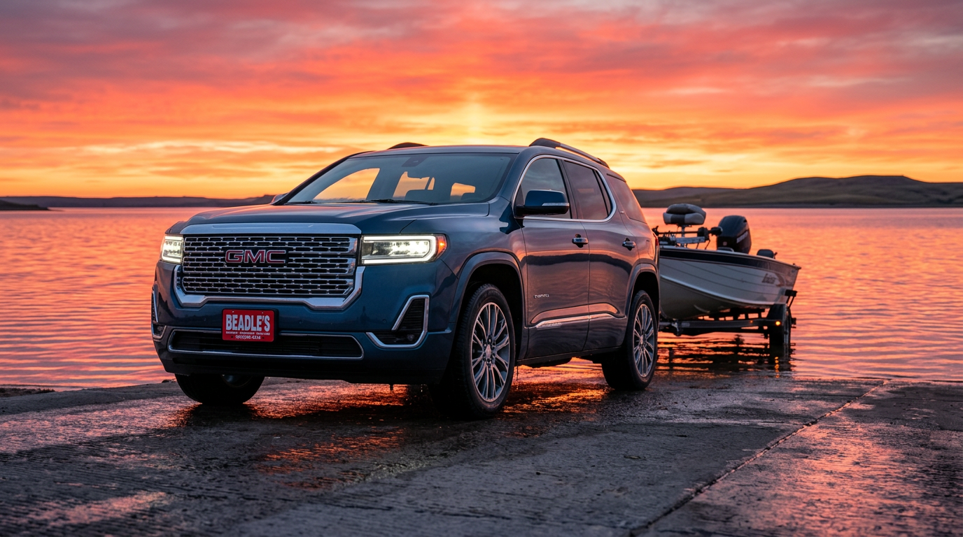 2026 GMC Acadia Denali towing a boat at a Lake Oahe boat ramp near Mobridge, South Dakota