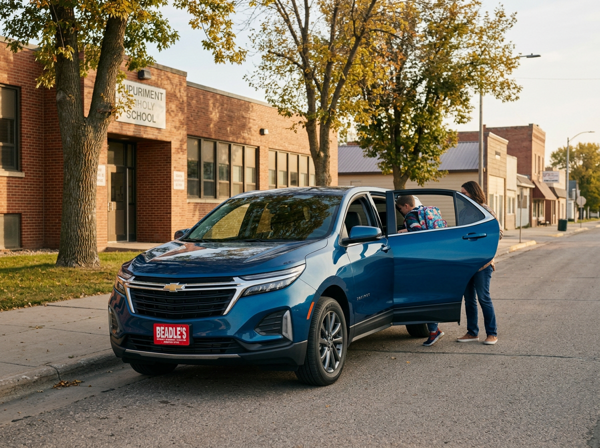A family loading backpacks into a 2027 Chevrolet Equinox ACTIV at school pickup in Mobridge, South Dakota