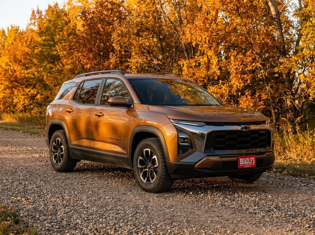 2027 Chevrolet Equinox in Autumn Harvest Metallic parked by a fall shelterbelt near Mobridge, South Dakota