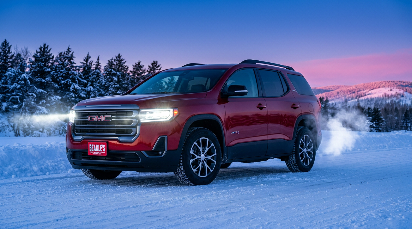 2026 GMC Acadia AT4 on a snow-covered road near Mobridge, South Dakota