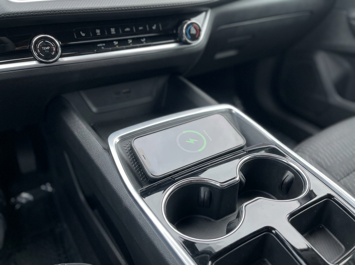 2027 Chevrolet Equinox center console with a smartphone on the wireless charging pad