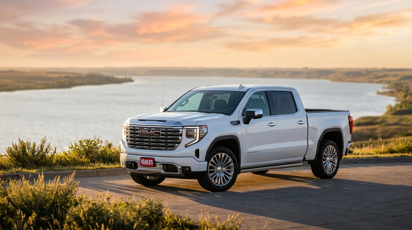 2026 GMC Sierra 1500 Denali in Glacier White at Lake Oahe at golden hour