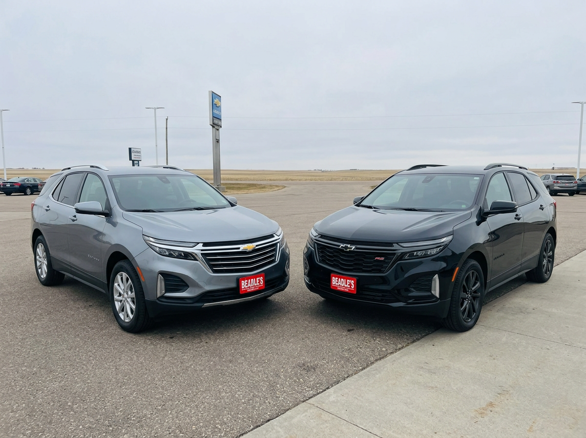 2026 meets 2027: two Chevrolet Equinox SUVs parked nose-to-tail at a dealership in Mobridge, South Dakota