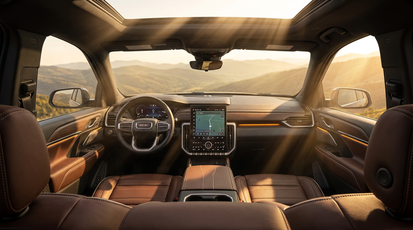 2026 GMC Acadia Denali Ultimate interior with Woodland Mahogany leather near Mobridge, South Dakota