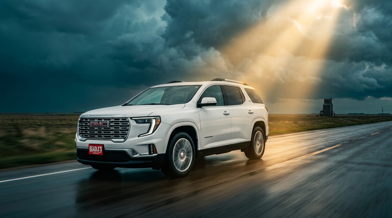 2026 GMC Acadia driving a South Dakota highway near Mobridge