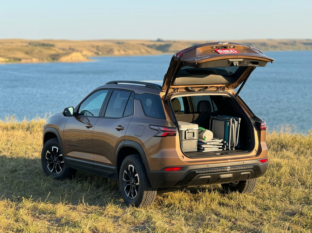 A 2027 Chevrolet Equinox parked at a Lake Oahe overlook on a family day trip near Mobridge, South Dakota
