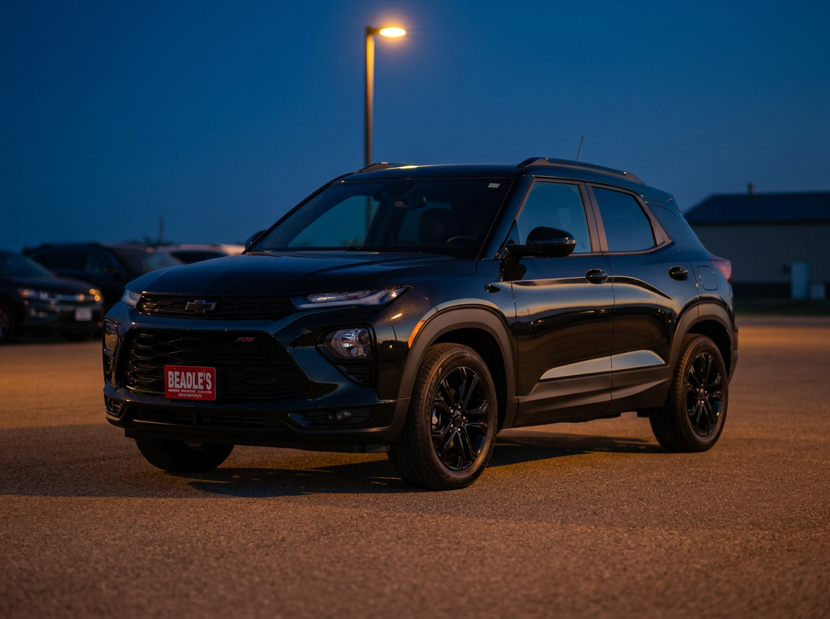 2026 Chevrolet Trailblazer LT Midnight Edition in Mosaic Black Metallic with black wheels and badging at dusk
