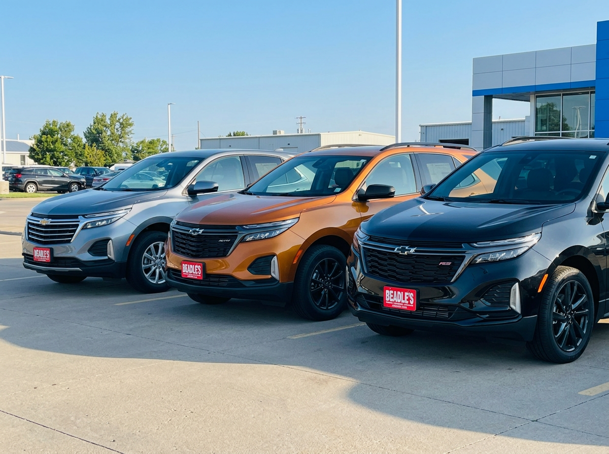2027 Chevrolet Equinox LT, ACTIV, and RS trims lined up on the lot in Mobridge, South Dakota