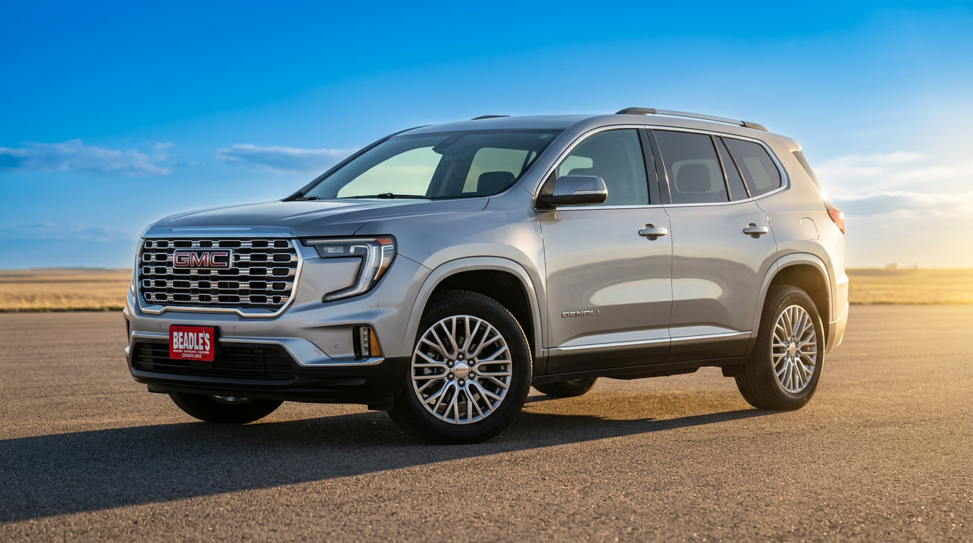 2026 GMC Acadia Denali in Sterling Metallic front view on clean South Dakota pavement