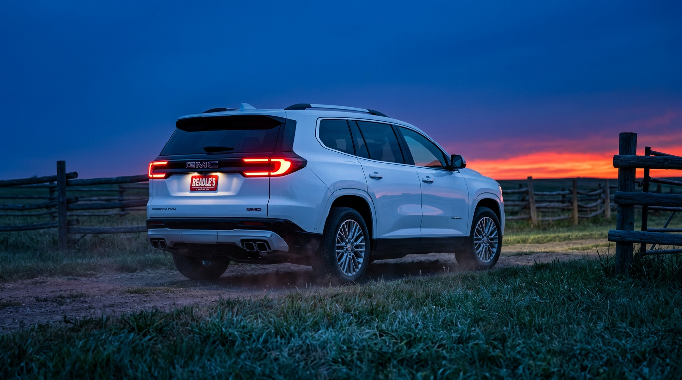 2026 GMC Acadia Denali rear view on a Mobridge-area ranch road at dusk