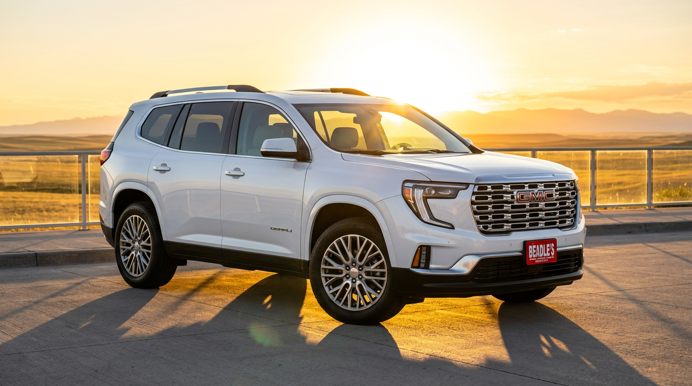 2026 GMC Acadia Denali in Glacier White Tricoat at golden hour at Beadle Chevrolet in Mobridge, South Dakota