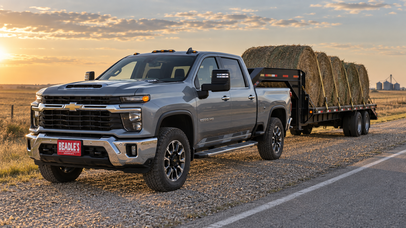 2026 Chevrolet Silverado 2500 HD LT in Sterling Gray Metallic hitched to a gooseneck flatbed of round bales on a South Dakota highway shoulder at sunset